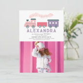 All Aboard Train Pink Girl Birthday Foto Kaart (Staand voorkant)