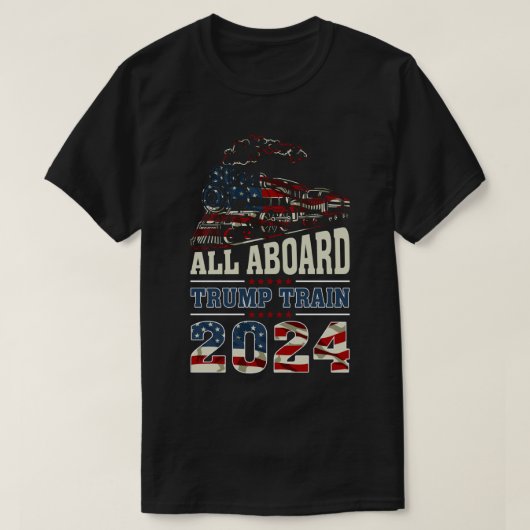 All Aboard Trump Train 2024  Amerikaanse vlag T-shirt (Design voorkant)