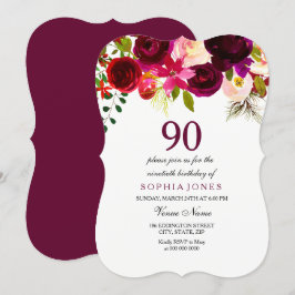 All Age Burgundy Red Floral 90th Birthday Invite Kaart