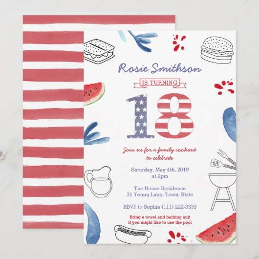 All-American 18th Birthday Party, 4th Juli Partij Kaart (Voorkant / Achterkant)