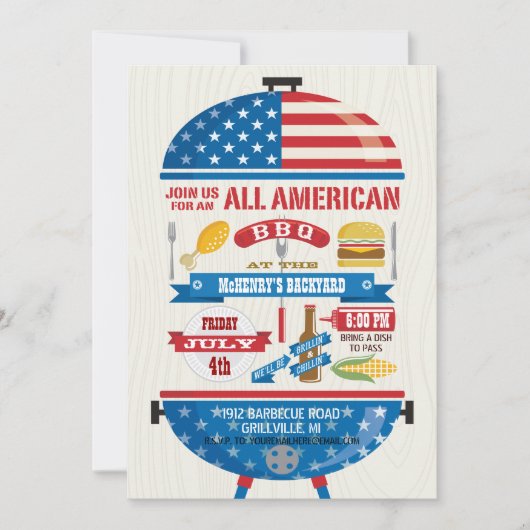 All American 4 juli BBQ-feestuitnodiging Kaart (Voorkant)