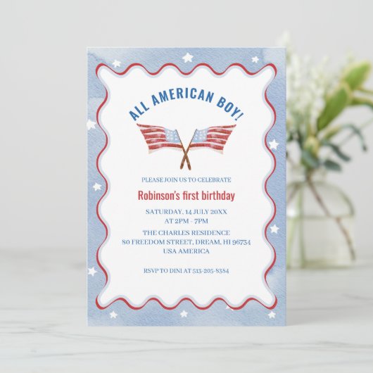 All American Boy 4 juli Waterverf verjaardag Kaart (Staand voorkant)