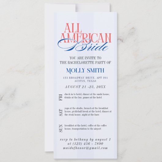 All American Bride Bachelorette Weekend Itinerary Kaart (Voorkant)