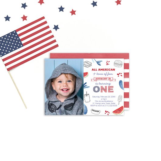 All-American One Birthday Photo Red White en Blue Kaart