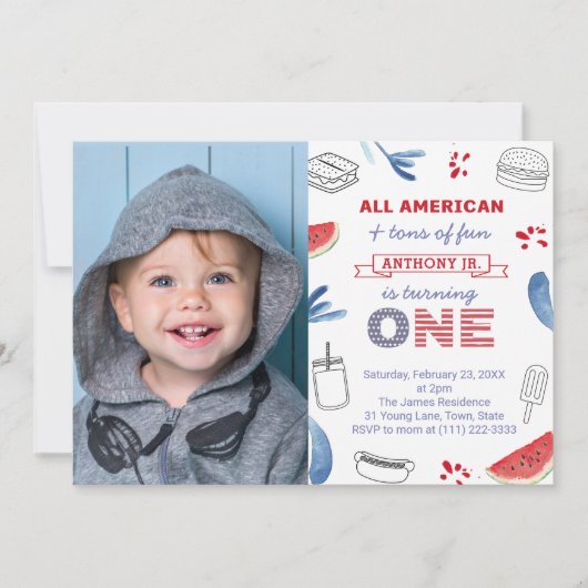 All-American One Birthday Photo Red White en Blue Kaart (Voorkant)