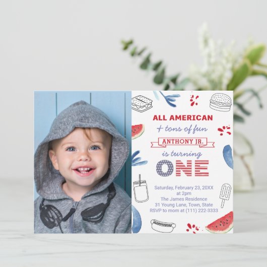 All-American One Birthday Photo Red White en Blue Kaart (Staand voorkant)