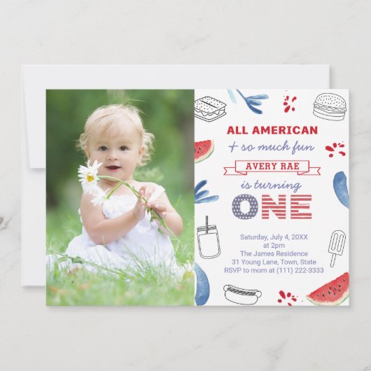 All-American Red White Blue 1st Birthday Party Kaart (Voorkant)