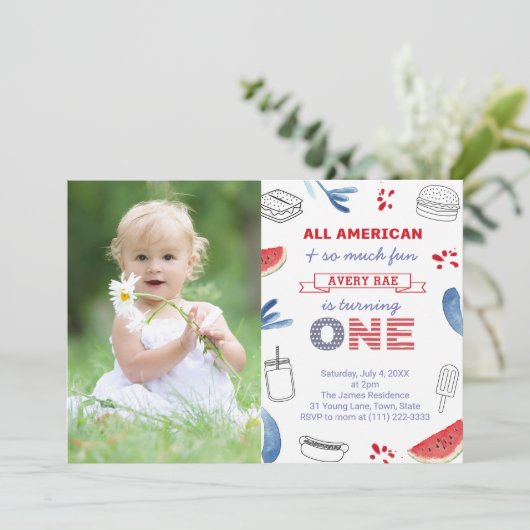 All-American Red White Blue 1st Birthday Party Kaart (Staand voorkant)