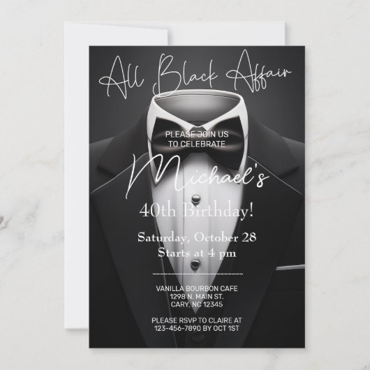 All Black Affair adult man birthday invitation. Kaart (Voorkant)