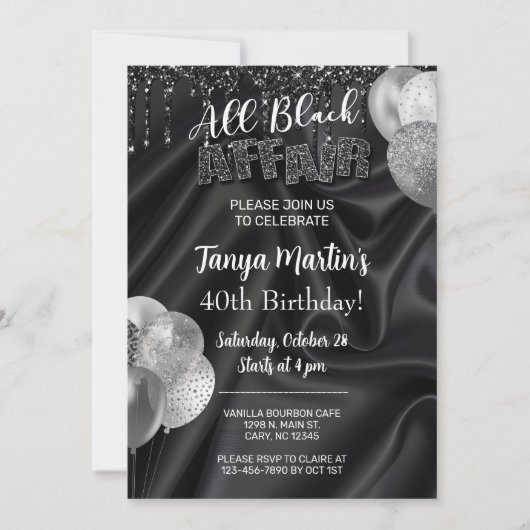 All Black Affair adult woman birthday invitation. Kaart (Voorkant)