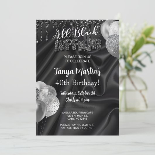 All Black Affair adult woman birthday invitation. Kaart (Staand voorkant)
