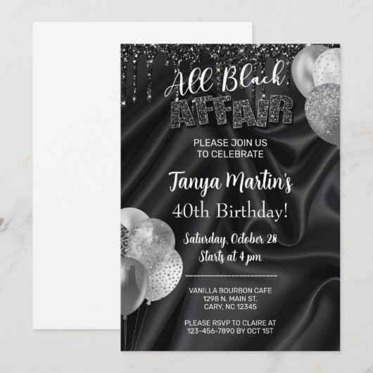 All Black Affair adult woman birthday invitation. Kaart (Voorkant / Achterkant)