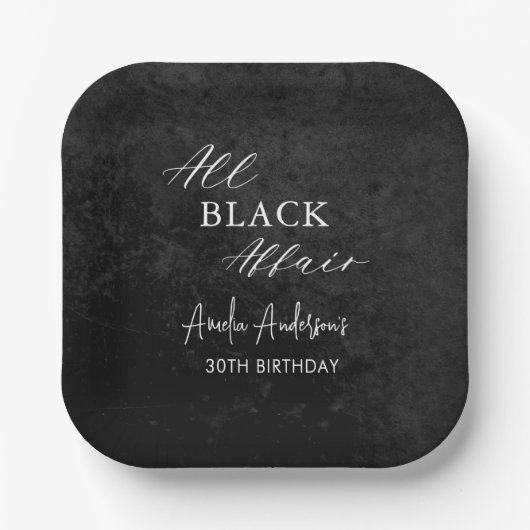 All Black Affair Verjaardagsfeest Modern Elegant Papieren Bordje (Voorkant)