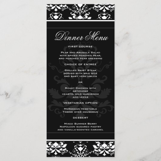 All Black w / White Damask Elegant Slim Dinner Men Menu (Voorkant)