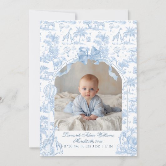 All Blue Toile Safari Animal Baby Boy Shower Aankondiging (Voorkant)
