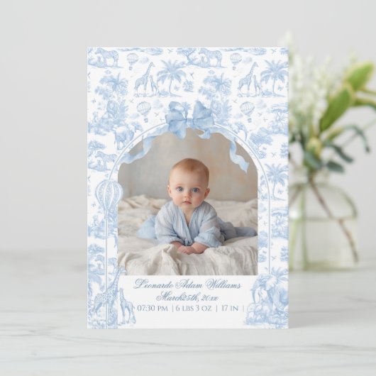 All Blue Toile Safari Animal Baby Boy Shower Aankondiging (Staand voorkant)