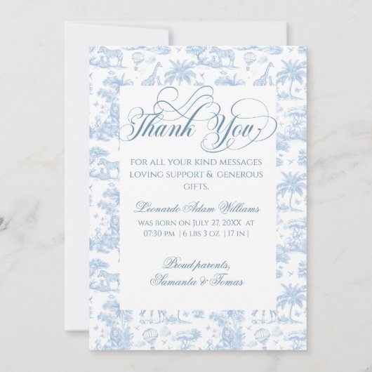 All Blue Toile Safari Animal Baby Boy Shower Aankondiging (Achterkant)