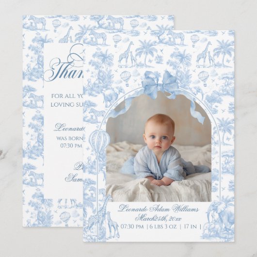 All Blue Toile Safari Animal Baby Boy Shower Aankondiging (Voorkant / Achterkant)