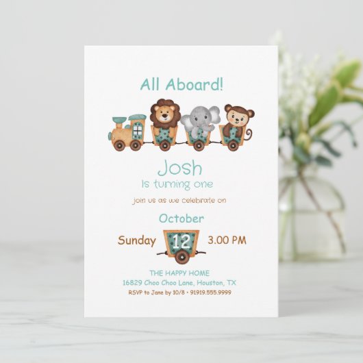 ALL BOARD Train Fiesta Kids Verjaardagsuitnodiging Kaart (Staand voorkant)