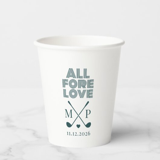 All Fore Love Monogram | Donkergroene Modern Papieren Bekers (Voorkant)