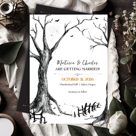 All Hallows Eve Halloween Boom Huwelijk Save The Date