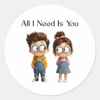 All I need Is You | Schattig Cartoonesk Jongen & M Ronde Sticker