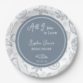 All I Sea is Love Dusty Blue Seashells Doodles  Papieren Bordje (Voorkant)