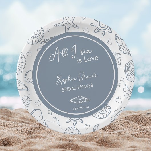 All I Sea is Love Dusty Blue Seashells Doodles  Papieren Bordje