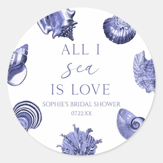 All I Sea Is Love Elegante Zeeschelpen Bruidsdouch Ronde Sticker (Voorkant)