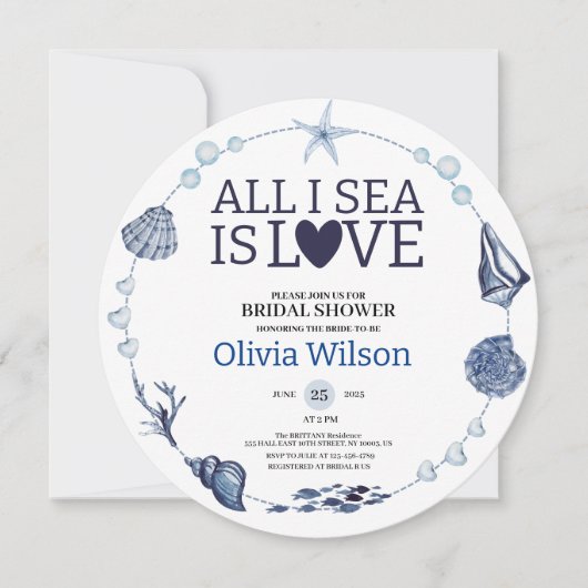 All I Sea Is Love Nautical Bridal Shower Seashell Kaart (Voorkant)