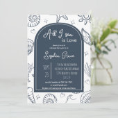 All I Sea is Love Navy Blue Seashells Doodles  Kaart (Staand voorkant)