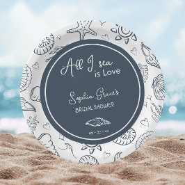 All I Sea is Love Navy Blue Seashells Doodles  Papieren Bordje