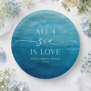 All I Sea Is Love Oceaan Strand Zee Bruiloft Feest Papieren Bordje