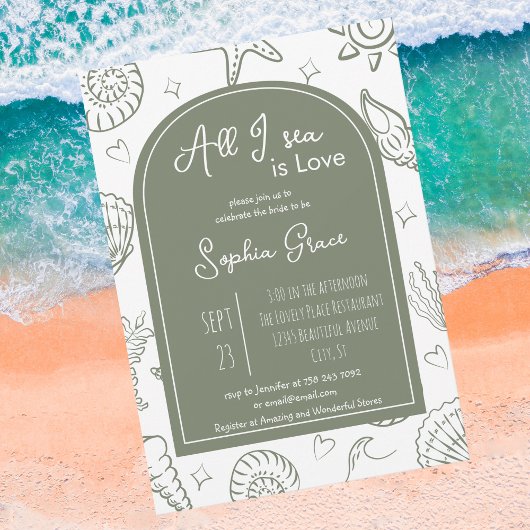 All I Sea is Love Sage Green Doodles Bridal Shower Kaart