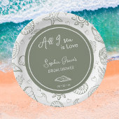 All I Sea is Love Sage Green Seashells Doodles Papieren Bordje
