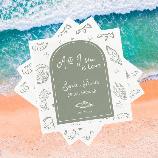 All I Sea is Love Sage Green Seashells Doodles Servet