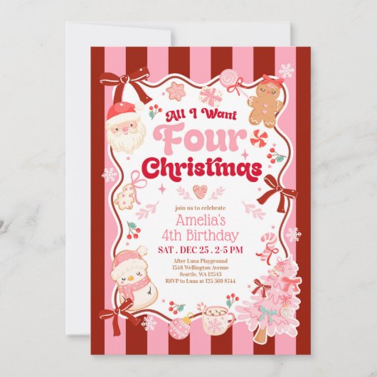 All I Want Christmas 4th Birthday Invitation Kaart (Voorkant)