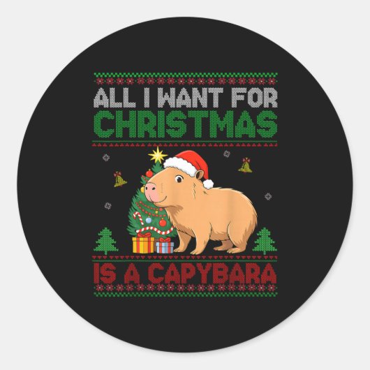 All I Want For Christmas Is A Capybara Ugly Sweate Ronde Sticker (Voorkant)