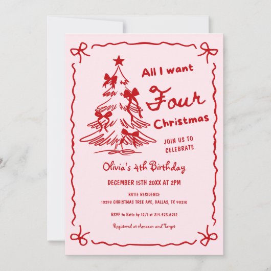 All I Want Four Christmas Girl 4th Birthday Party Kaart (Voorkant)
