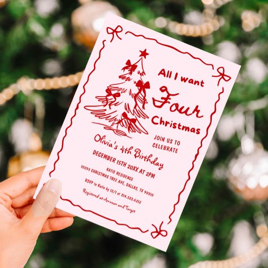All I Want Four Christmas Girl 4th Birthday Party Kaart