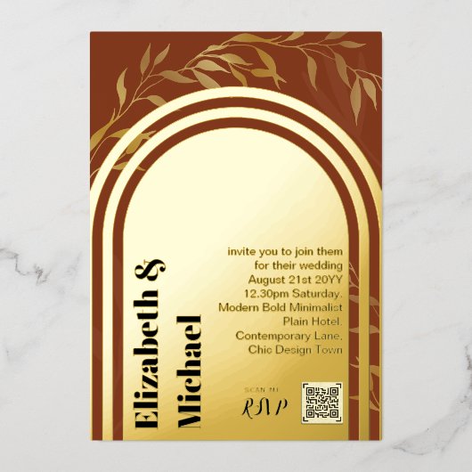 All-in1 GOLD FOLIE Terracotta Foto QR Code Modern Folie Uitnodiging (Voorkant)