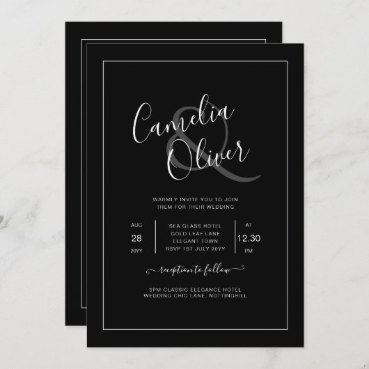 All-in-1 elegant zwart, wit lettertype bruiloft kaart (Voorkant / Achterkant)