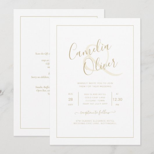 All-in-1 elegante klassieke witte GOLD-tekstbruilo Kaart (Voorkant / Achterkant)