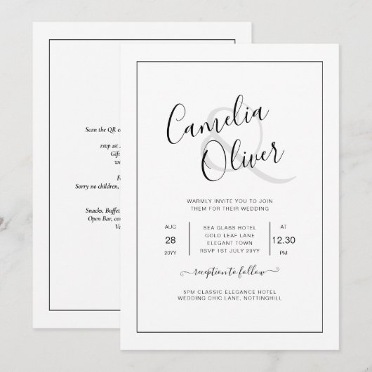 All-in-1 Elegante Klassieke Witte Trouwuitnodiging Kaart (Voorkant / Achterkant)