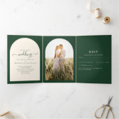 All-in-1 Emerald Green Wedding RSVP Program PHOTO Drieluik Uitnodiging (Binnen)