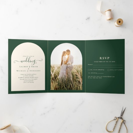 All-in-1 Emerald Green Wedding RSVP Program PHOTO Drieluik Uitnodiging (Binnen)