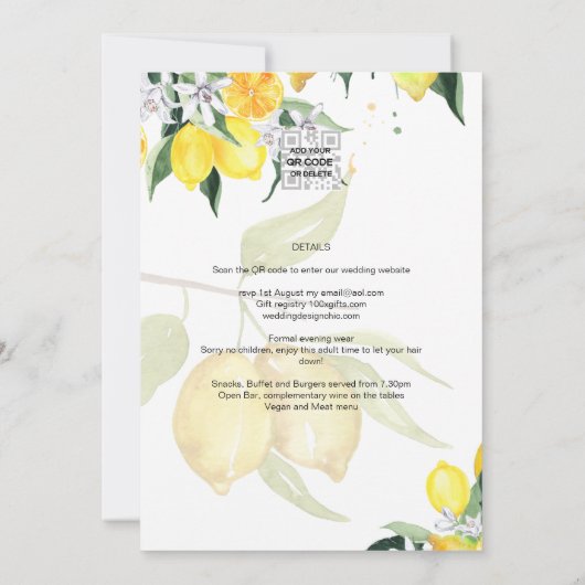 All-in-1 FOTO OVERLAY Lemons Wedding nodigt QR uit Kaart (Achterkant)