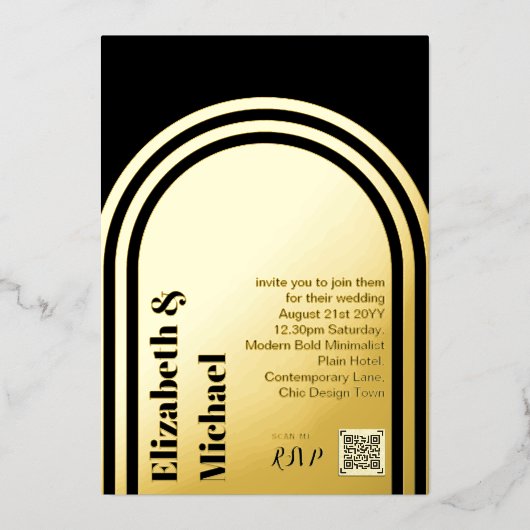 All-in-1 GOLD FOIL Black Foto QR Code Modern Folie Uitnodiging (Voorkant)
