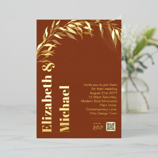 All-in-1 GOLD FOIL Terracotta QR Code Modern Folie Uitnodiging (Staand Voorkant)