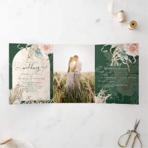All-in-1 Green Pampas Grass Peach Wedding PHOTO Drieluik Uitnodiging
